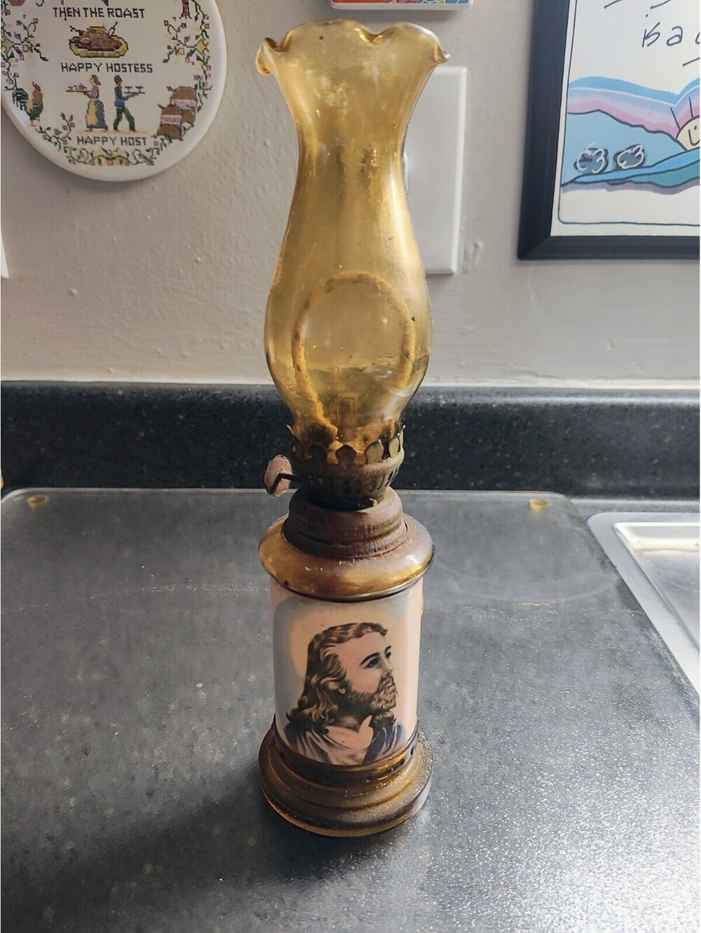 Vintage Small Oil Lamp With Jesus Face